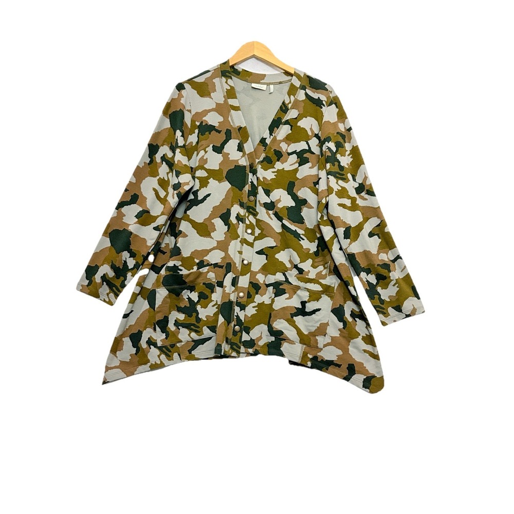 Logo Lori‎ Goldstein Women Cardigan Tunic Top Size 1X Artsy Camo Eclectic Jersey